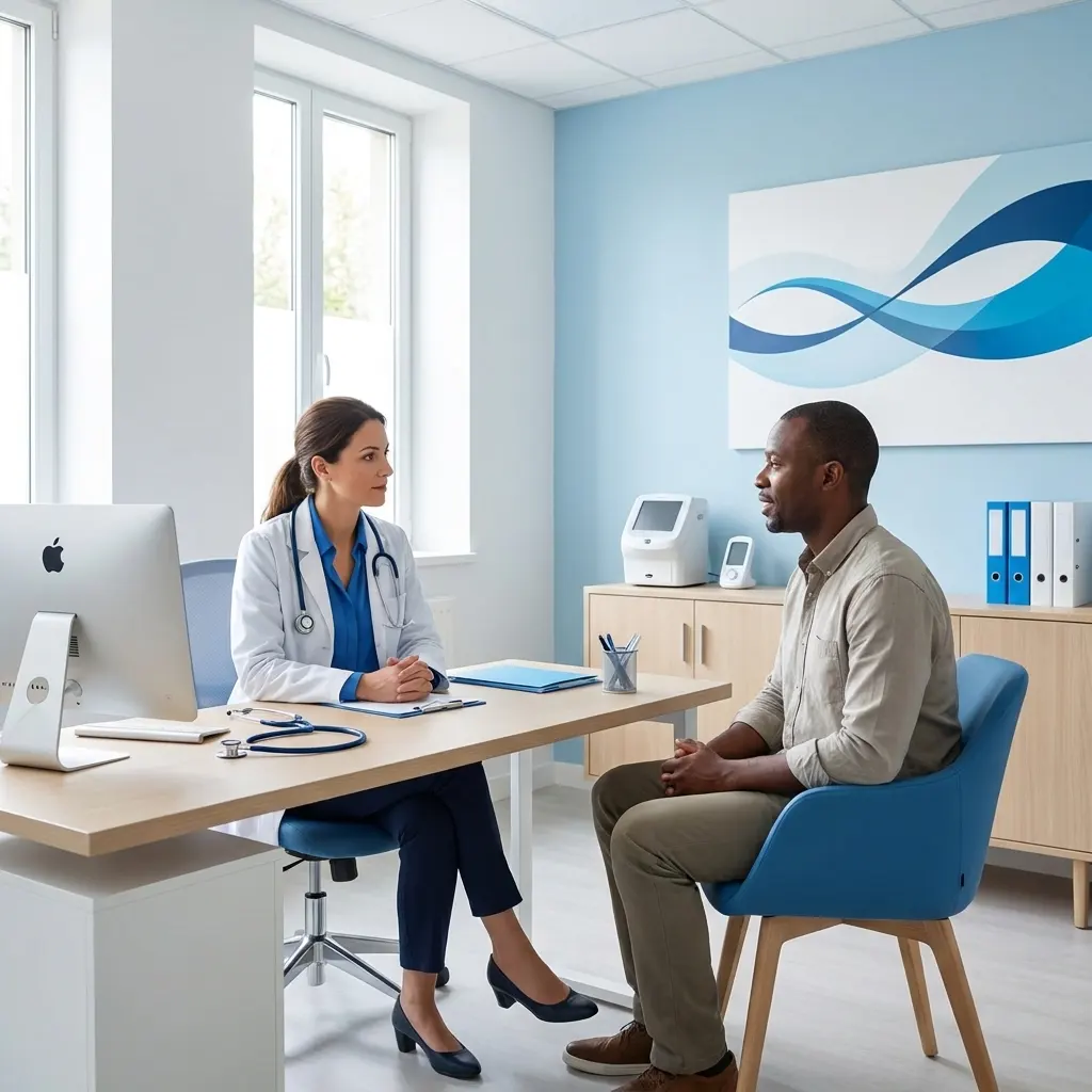 Médecin généraliste avec un patient adulte